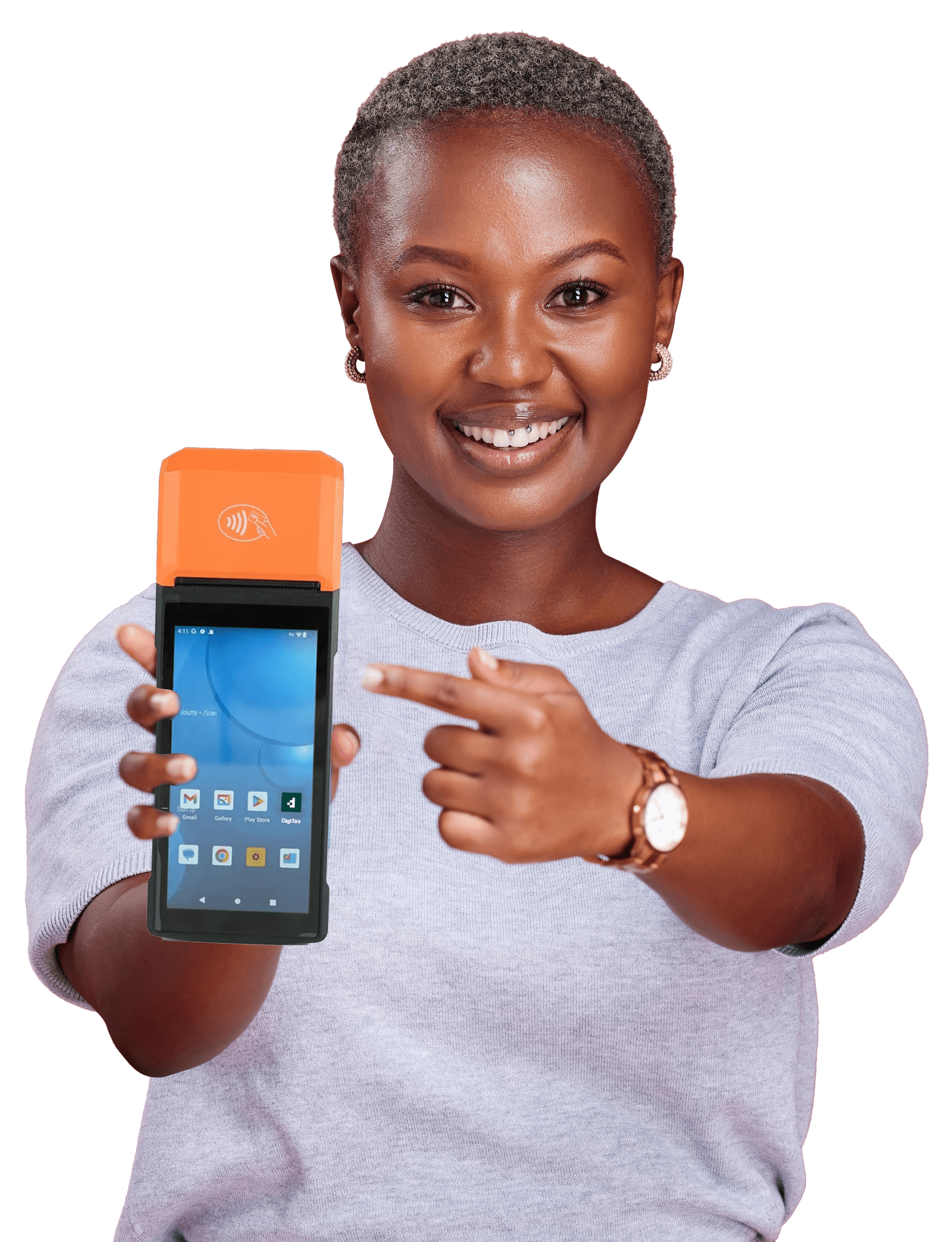 Repair professional showing a customer details on a tablet.