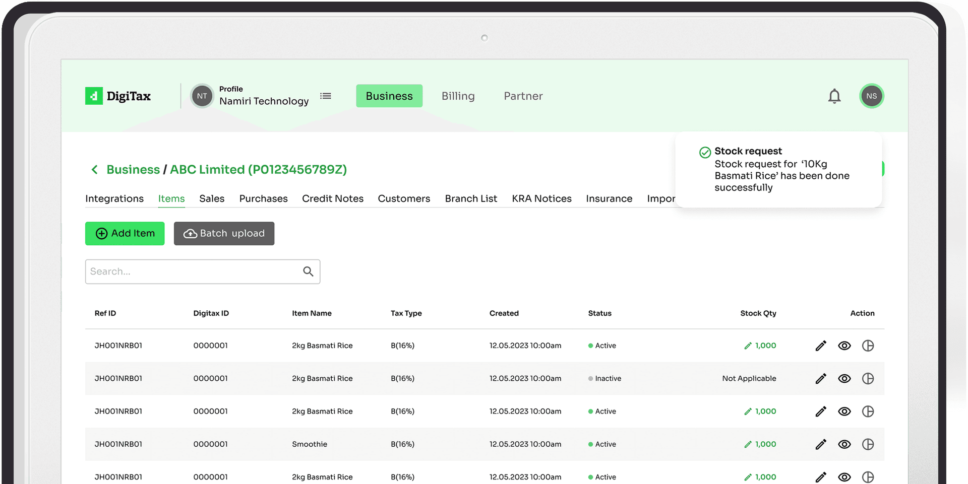 DigiTax Nigeria dashboard items table.