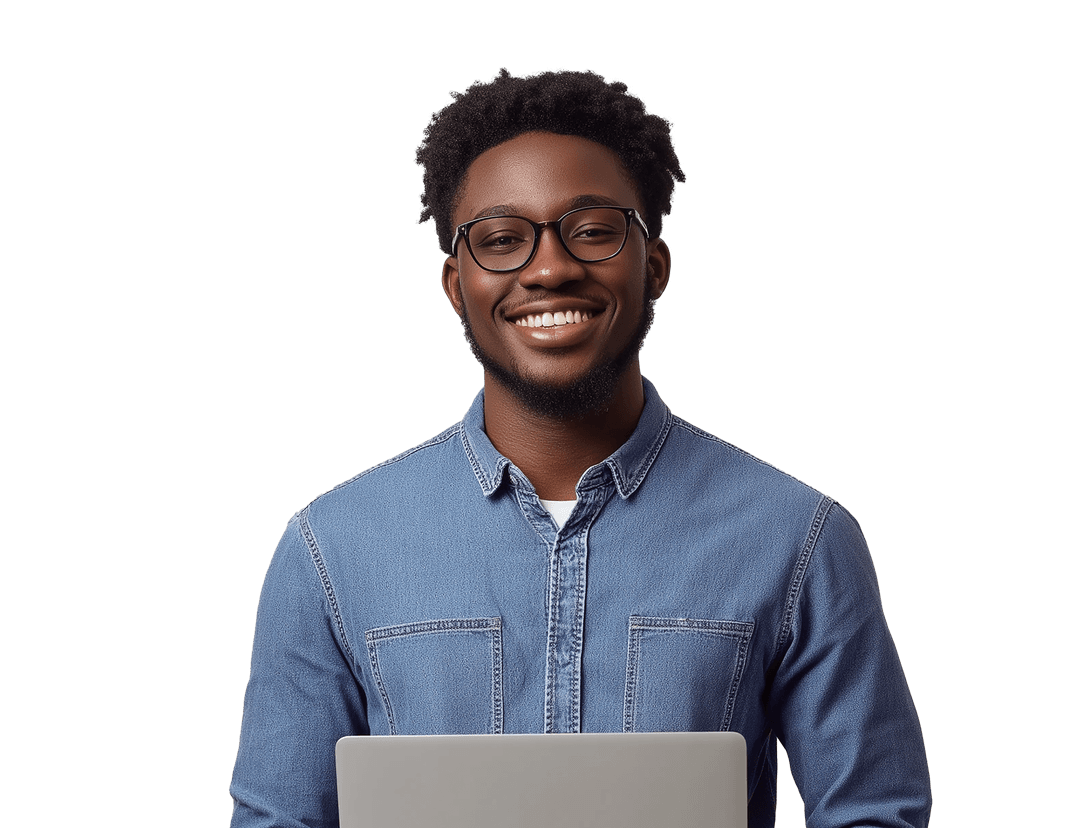 A man with glasses smiling while using DigiTax on his laptop